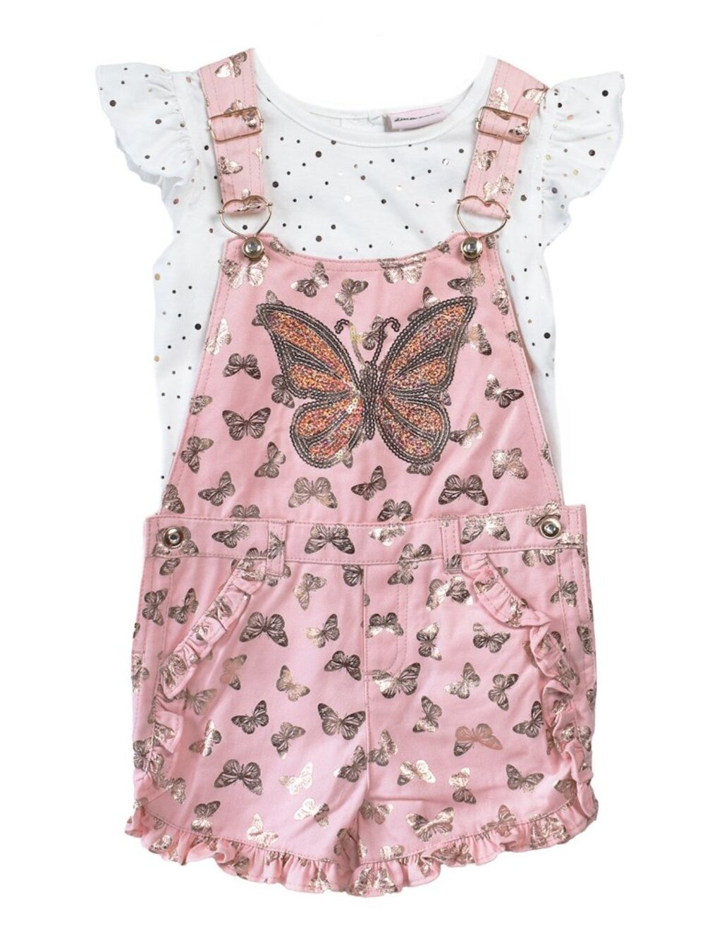 Little Lass Girls 2-Piece Set Denim Ruffled Overall Romper Shorts Shirt Coral - Picture 2 of 5
